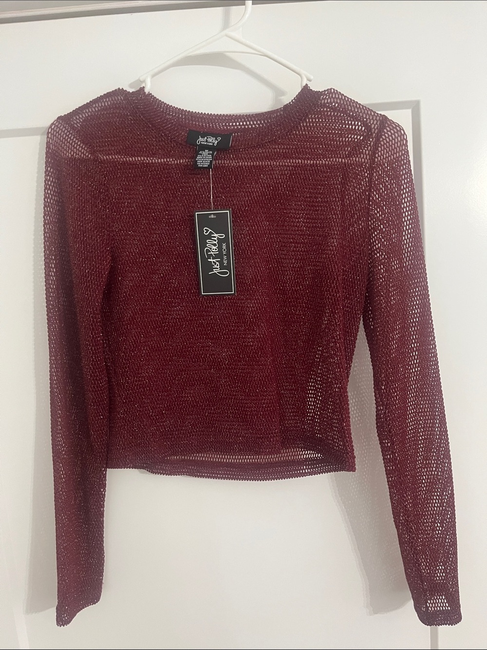 JustFab Metallic Burgundy Mesh Long Sleeve Crop Top